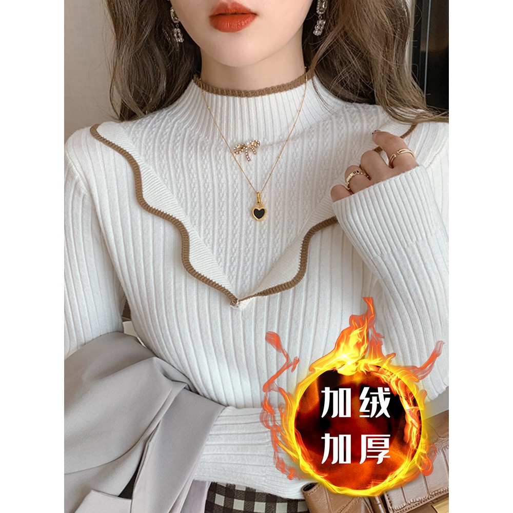 大码胖mm一体绒打底衫女冬季加绒加厚内搭半高领毛衣修身套头上衣