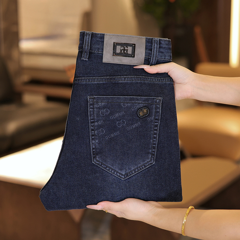 秋冬加绒男士牛仔裤商务休闲宽松直筒弹力时尚百搭爸爸装黑色男款