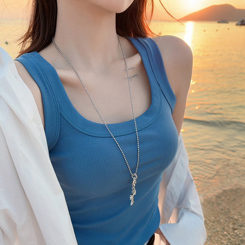 蓝色方领工字吊带背心女夏外穿新款遮副乳内搭打底无袖上衣