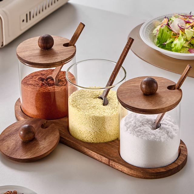 玻璃木盖调料罐家用厨房密封调料收纳盒调味瓶罐防潮盐罐组合套装