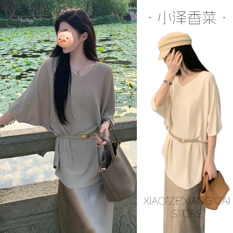 法式V领冰丝短袖针织衫女夏季超好看独特漂亮老钱风宽松收腰上衣