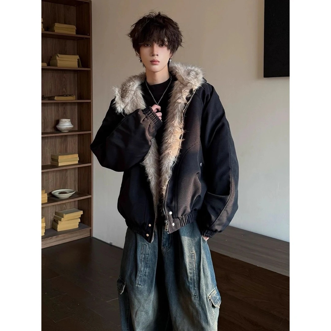 毛领座山雕毛领连帽棉外套男款秋冬季高级感痞帅美式复古保暖上衣