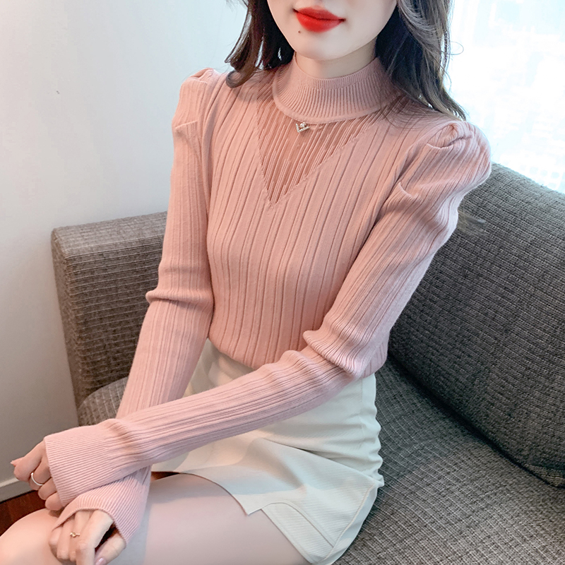 秋冬新款甜美粉色针织打底上衣女半高领修身内搭毛衣洋气漂亮小衫