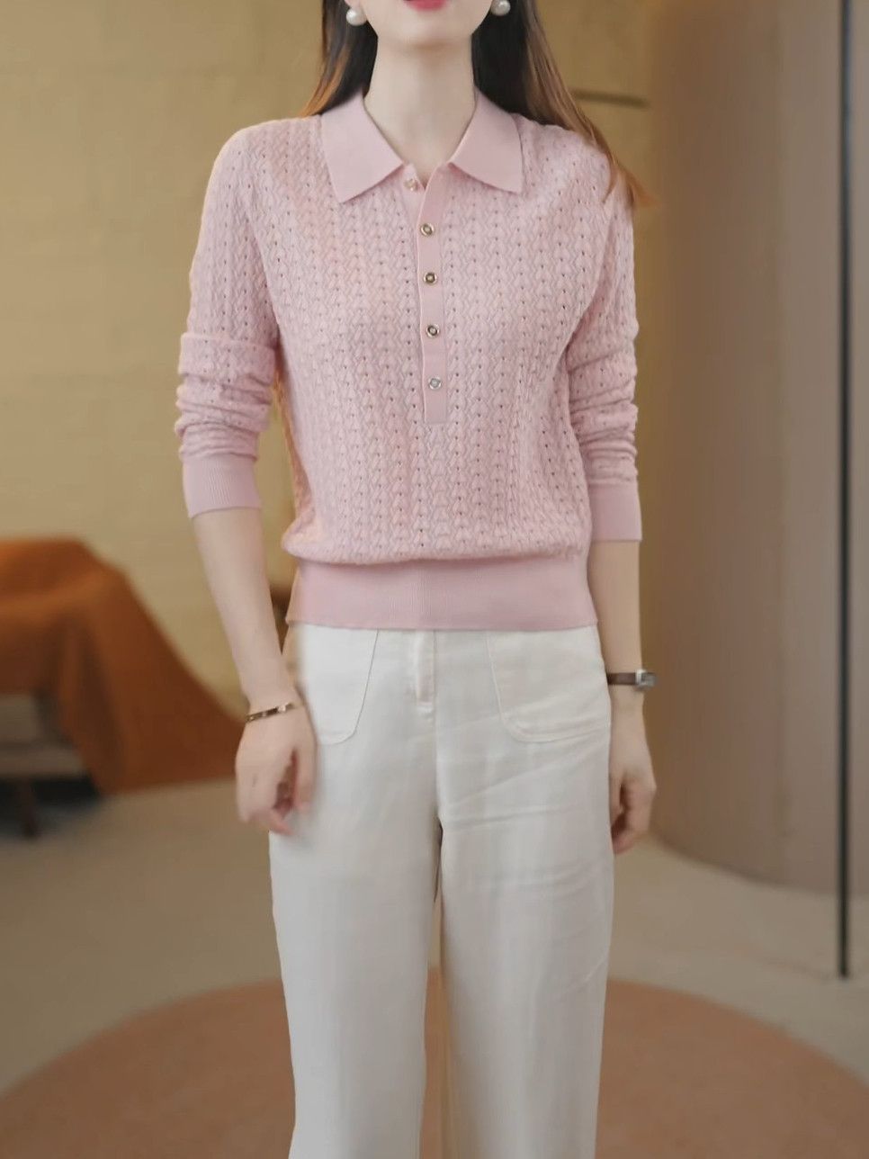 高档时尚气质polo领休闲百搭针织衫2025秋季新款宽松显瘦减龄上衣