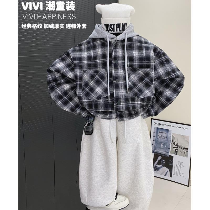【现货】VIVI童装【时尚宠儿】冬款中大童加绒柔软格子连帽衬衣外套