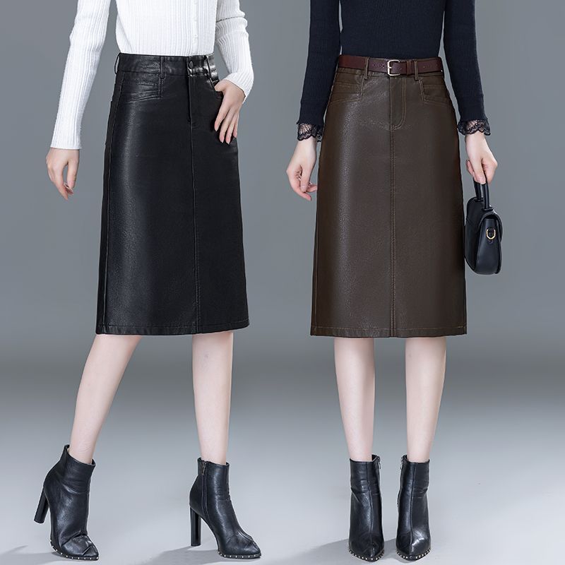 PU皮半身裙2025年秋冬季新款修身显瘦中长款开叉a字包臀一步裙子