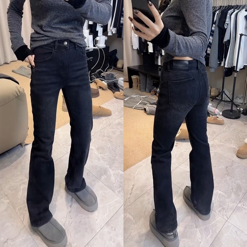 2025秋冬新款高腰显瘦黑灰修身微喇裤女小个子加绒加厚牛仔喇叭裤