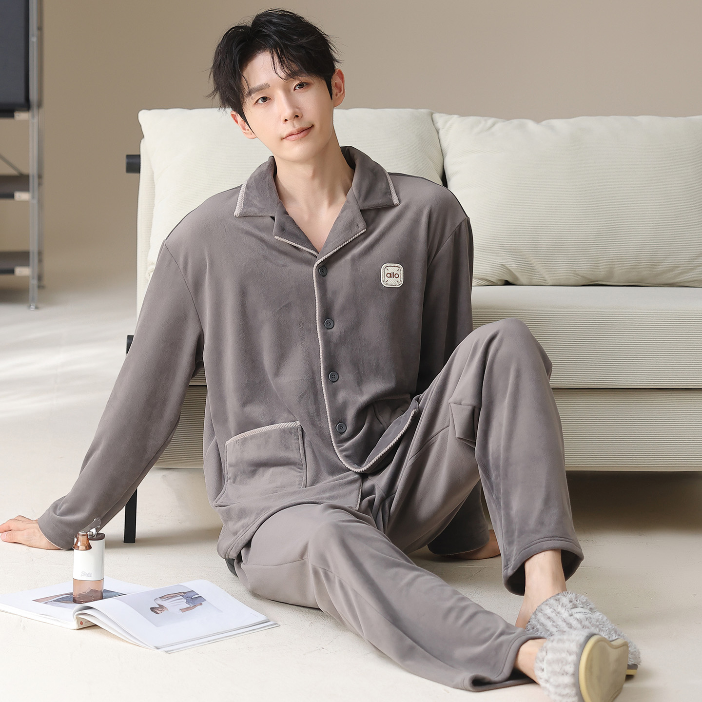 YIHAN-海岛绒睡衣男中厚加绒加厚保暖长袖高档冬天厚实家居服套装