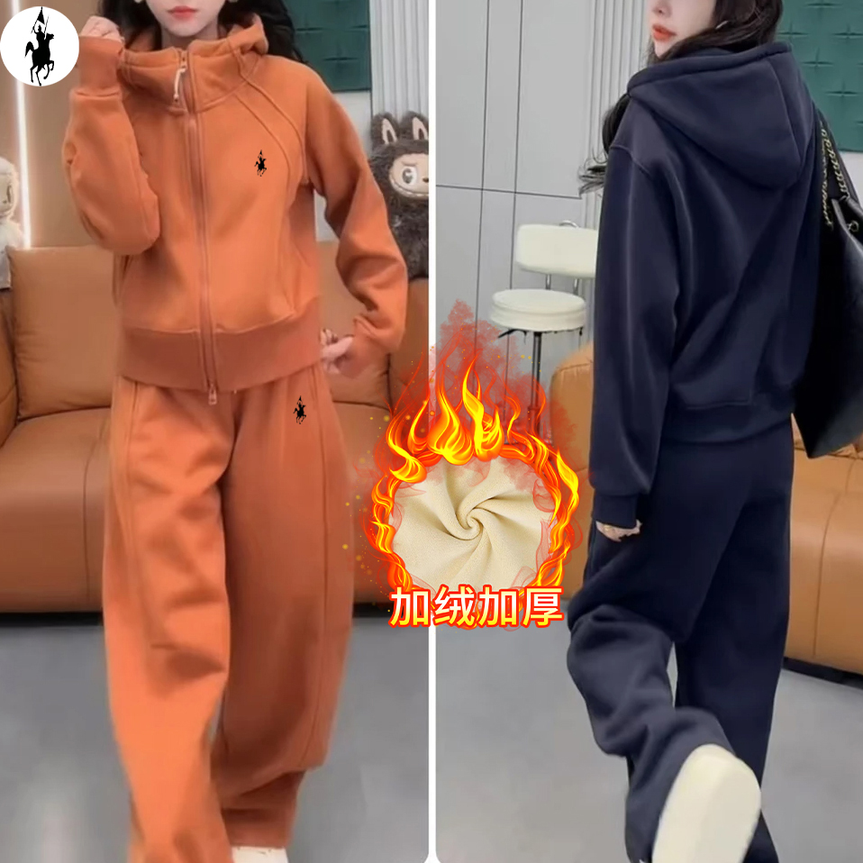 2025冬季新款德绒洋气刺绣时尚显瘦两件套加绒加厚休闲运动套装女