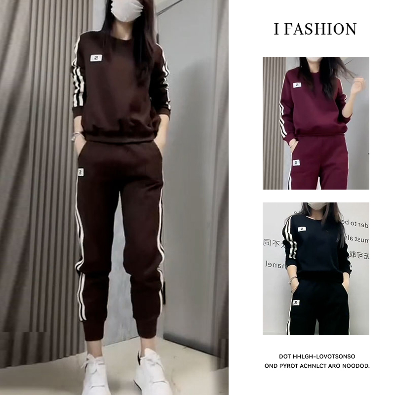 高含棉时尚气质运动套装女2025秋冬新款加绒加厚卫衣束脚裤两件套