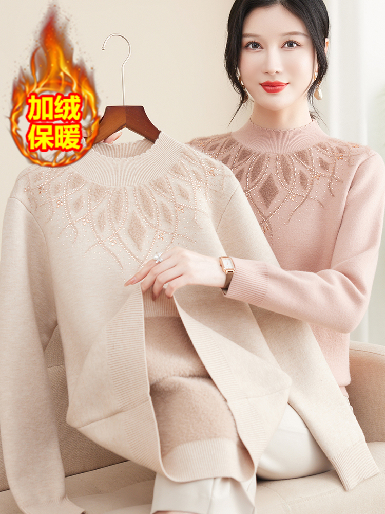 妈妈冬装加绒毛衣2025新款中老年女秋冬加厚一体绒保暖针织打底衫