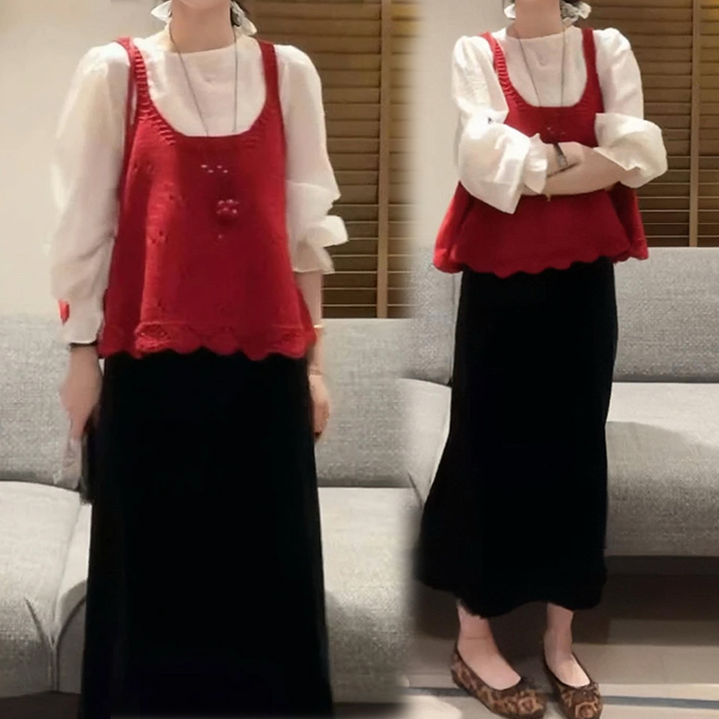 小众炸街高级感套装女2025春秋新款喇叭袖长袖衬衫针织马甲两件套