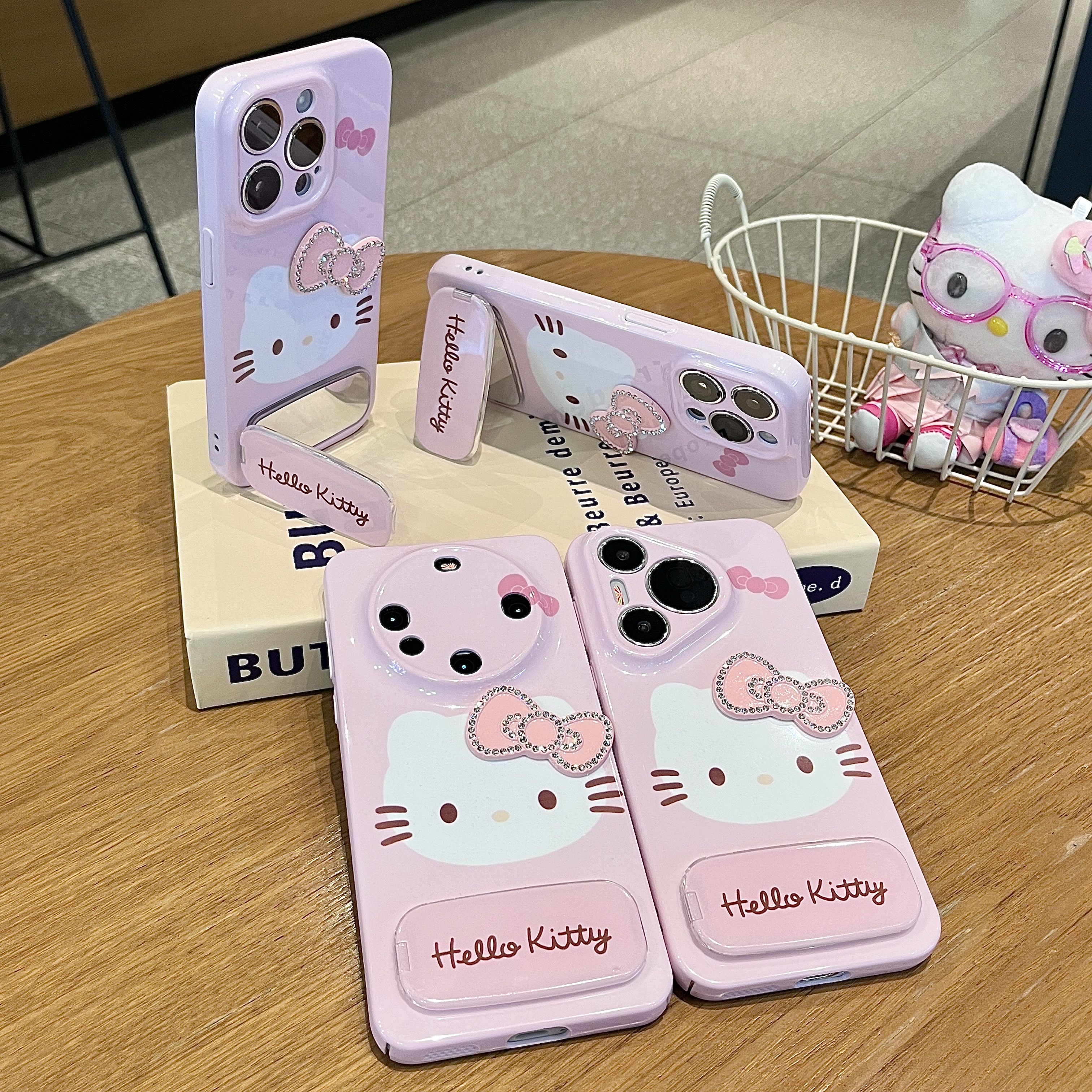 少女心粉底闪钻KT支架适用苹果16手机壳华为P70vivo小米15oppo套