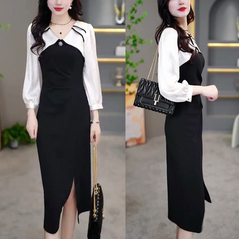 时尚减龄开衩裙2025春秋季新款收腰显瘦拼接设计感假两件连衣裙女