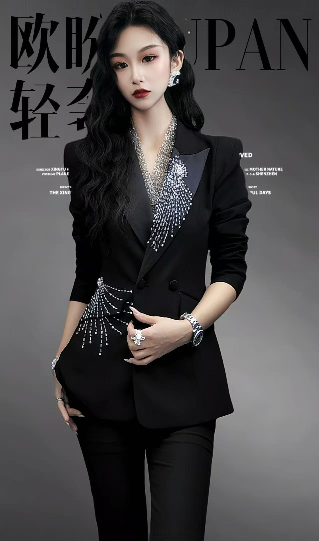 483高端职业装女总裁气质重工钉钻黑色收腰西装微喇裤两件套套装