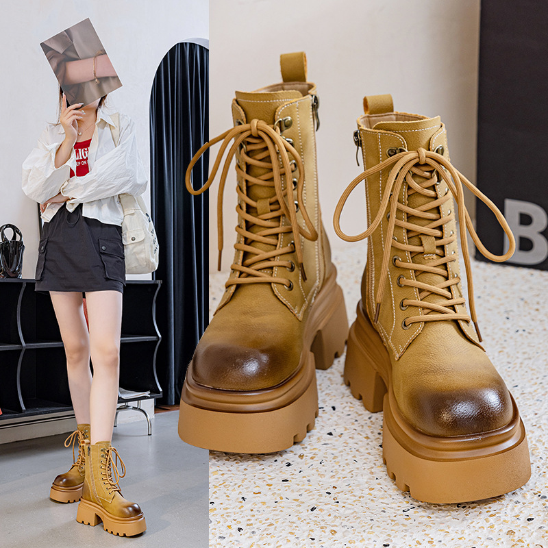 2025秋冬新款厚底百搭擦色ins英伦风增高粗跟机车短靴女小个子