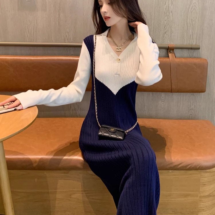 法式小香风针织连衣裙女秋冬修身显瘦撞色内搭打底长款毛衣裙长裙