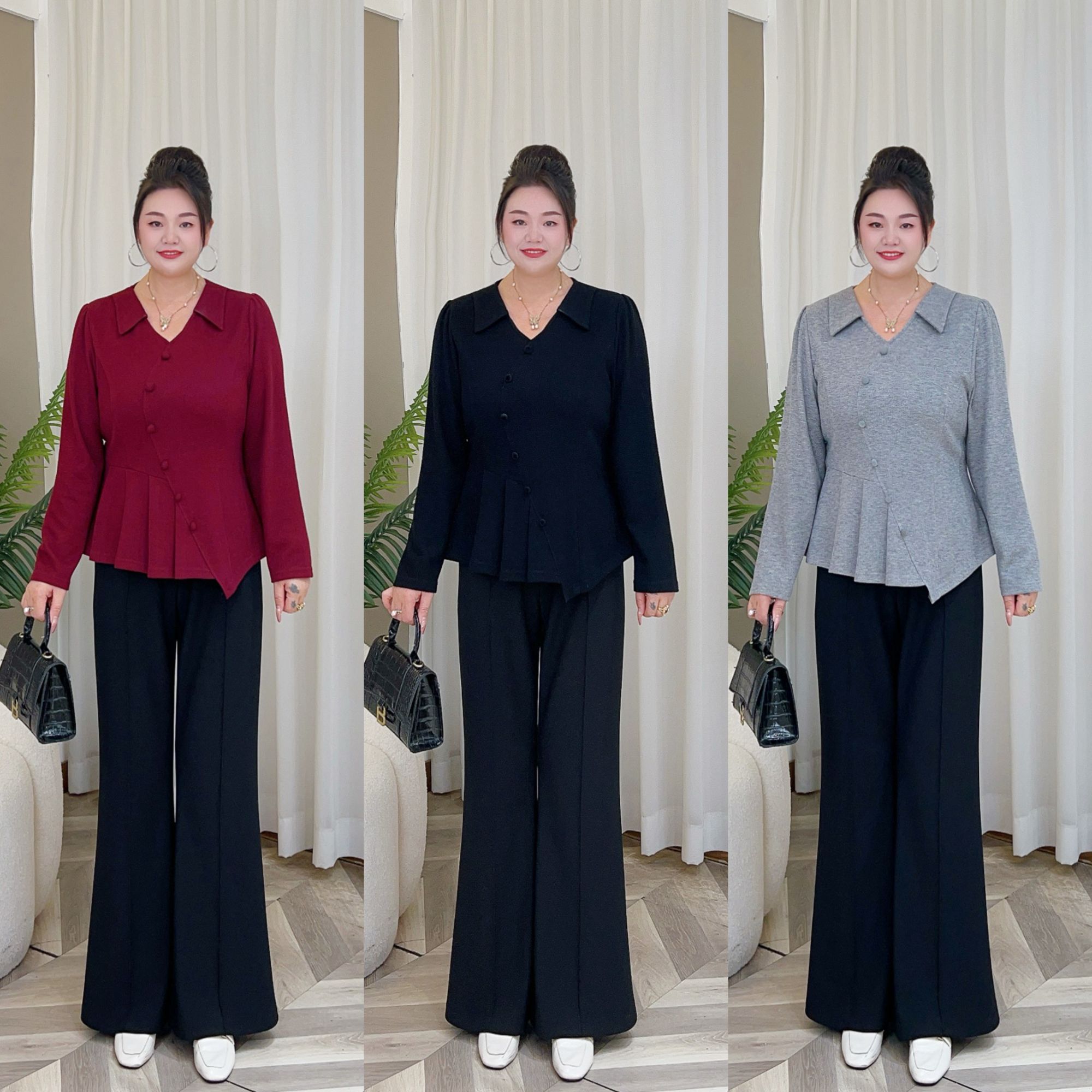 【梅姐现货上衣】PMM82159早秋新款气质百搭V领捏褶上衣大码女