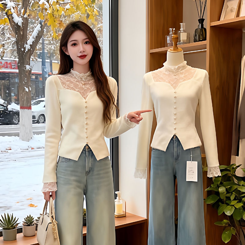 大码法式蕾丝拼接立领长袖针织衫女秋季胖mm设计感内搭打底衫上衣