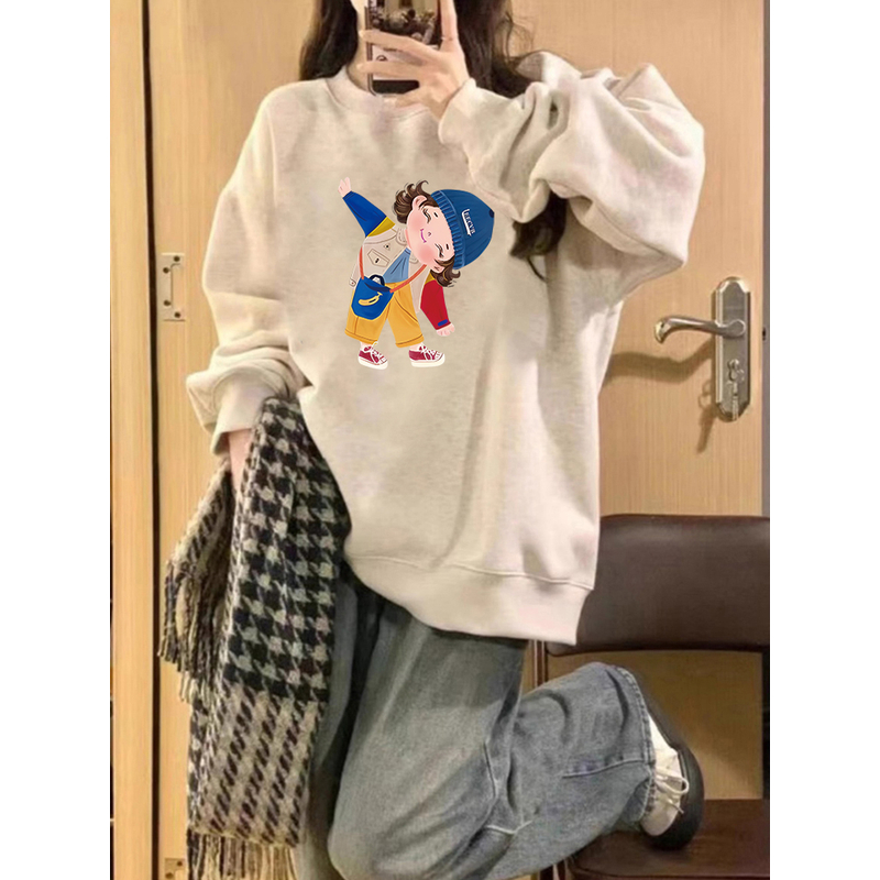 白灰色圆领卫衣女秋冬外套2025新款宽松显瘦加绒加厚时尚百搭上衣