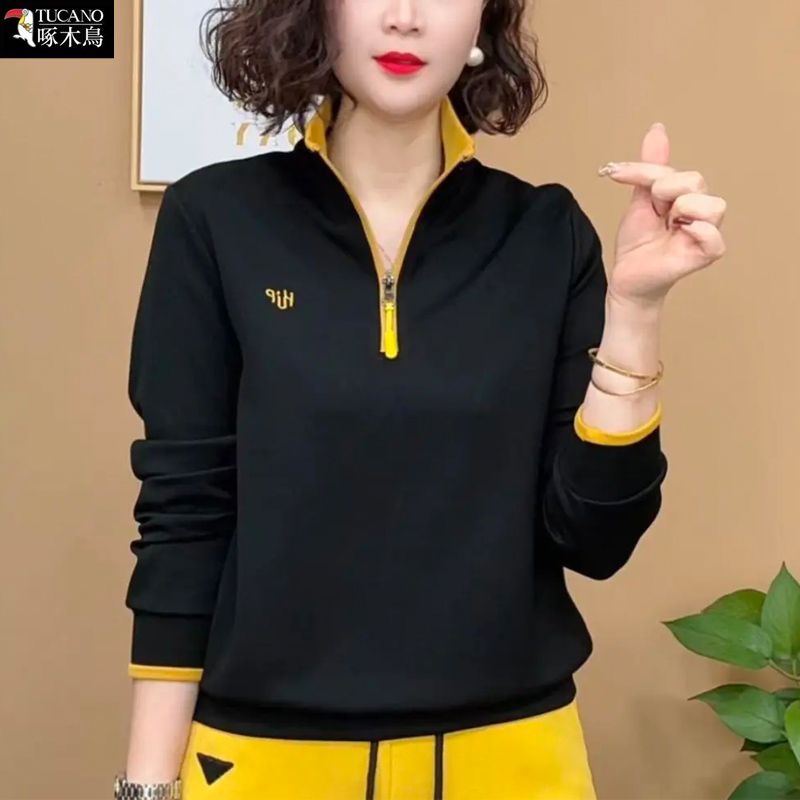 啄木鸟冬季长袖德绒上衣女洋气百搭新款立领拼色刺绣大码显瘦卫衣