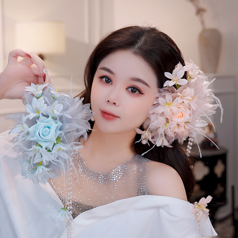 凝露玫瑰鲨鱼夹立体花朵蝴蝶羽毛发饰青色氛围感显发量森系抓夹女