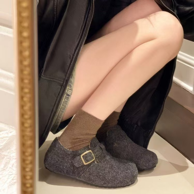 AIWEINI 复古毛呢勃肯鞋女秋冬厚底懒人鞋百搭森系丑萌博肯单鞋