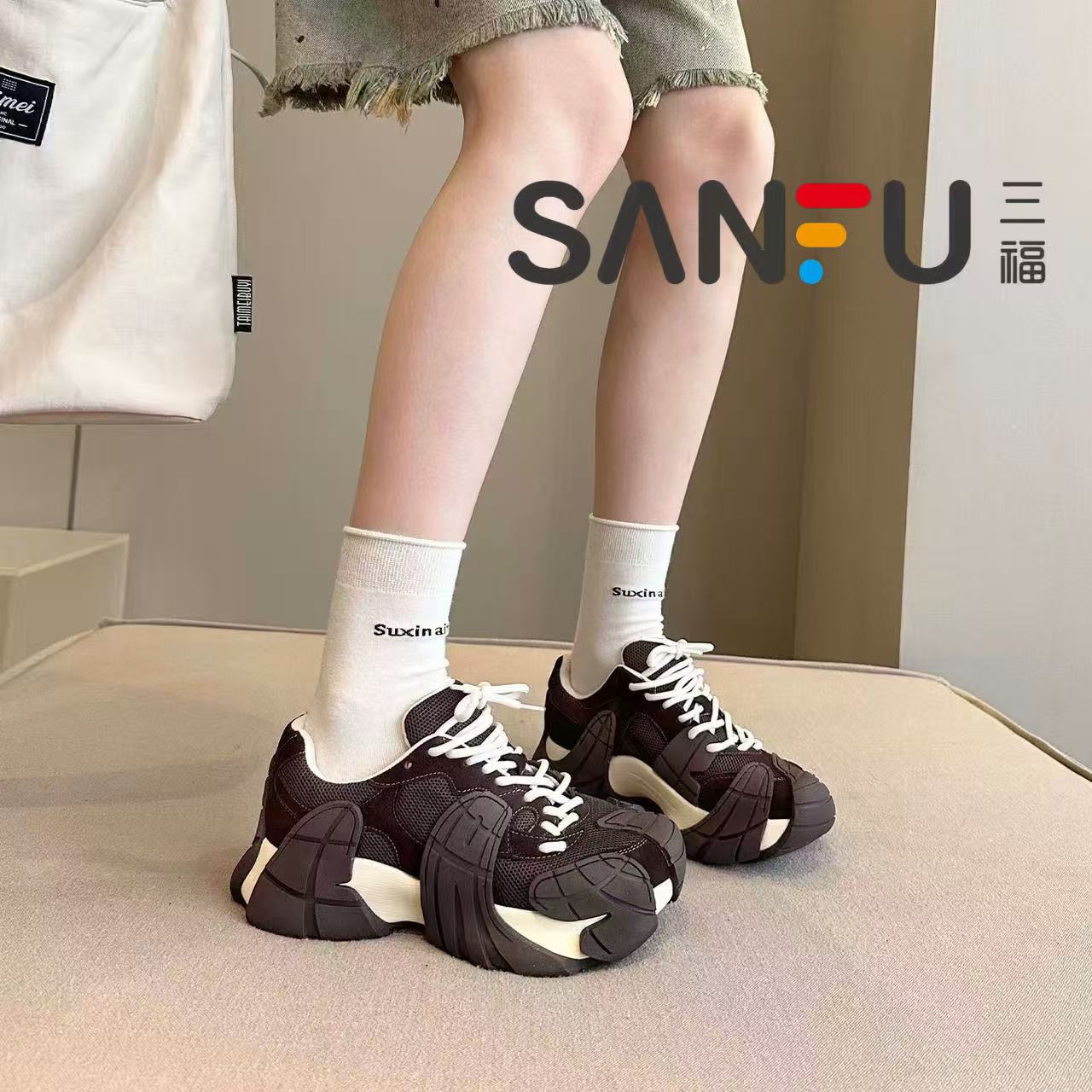三福2025秋季新款网面透气厚底老爹鞋八爪鱼休闲透气运动鞋女