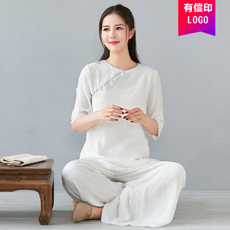棉麻瑜伽服茶服禅意文艺中式七分袖上衣瑜伽阔腿裤宽松大码套装