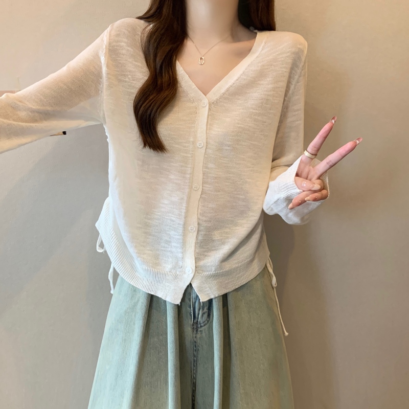 薄款温柔感V领长袖针织开衫女春夏设计感抽绳外搭防晒外套上衣