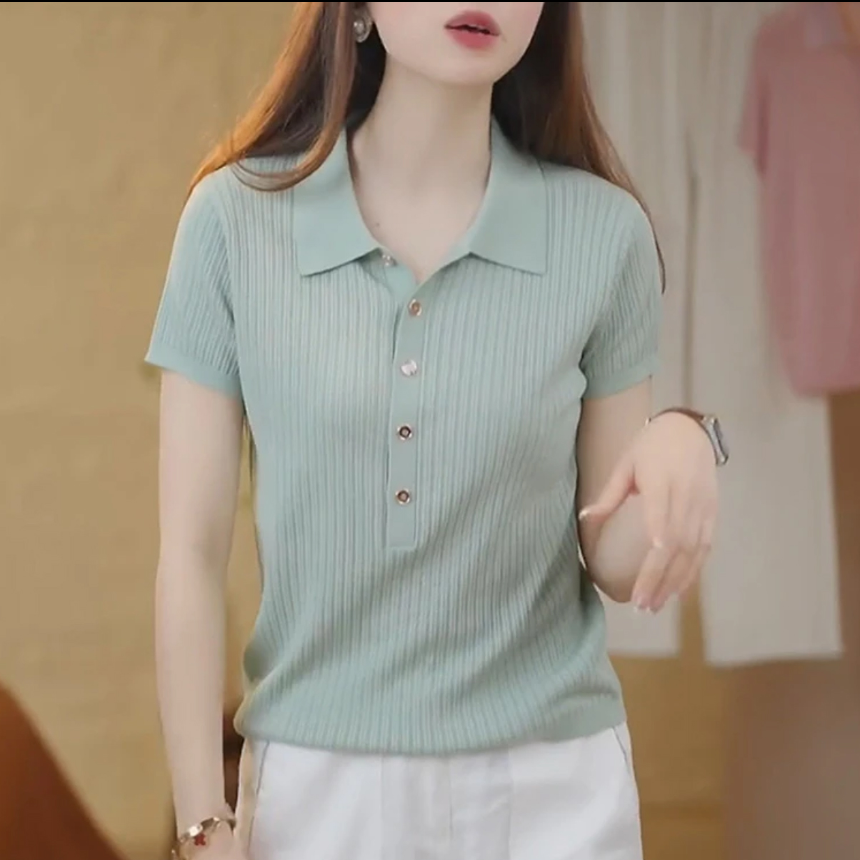 POLO领百搭冰丝薄款针织衫短袖T恤女夏新款显瘦简约纯色大码上衣