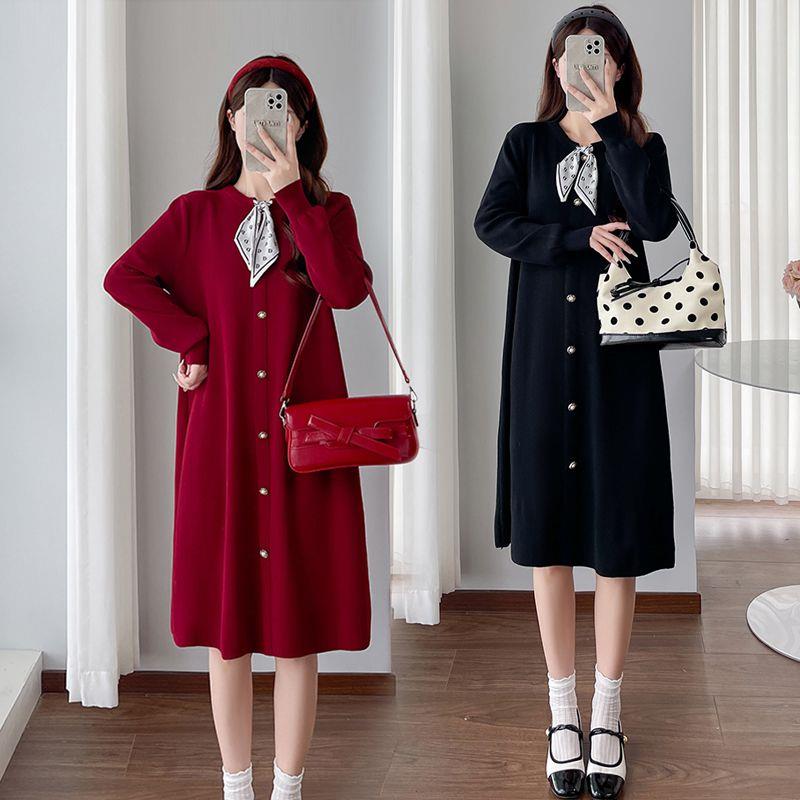 韩国洋气小香风大码宽松遮肚子针织毛衣连衣裙女秋冬中长款打底裙