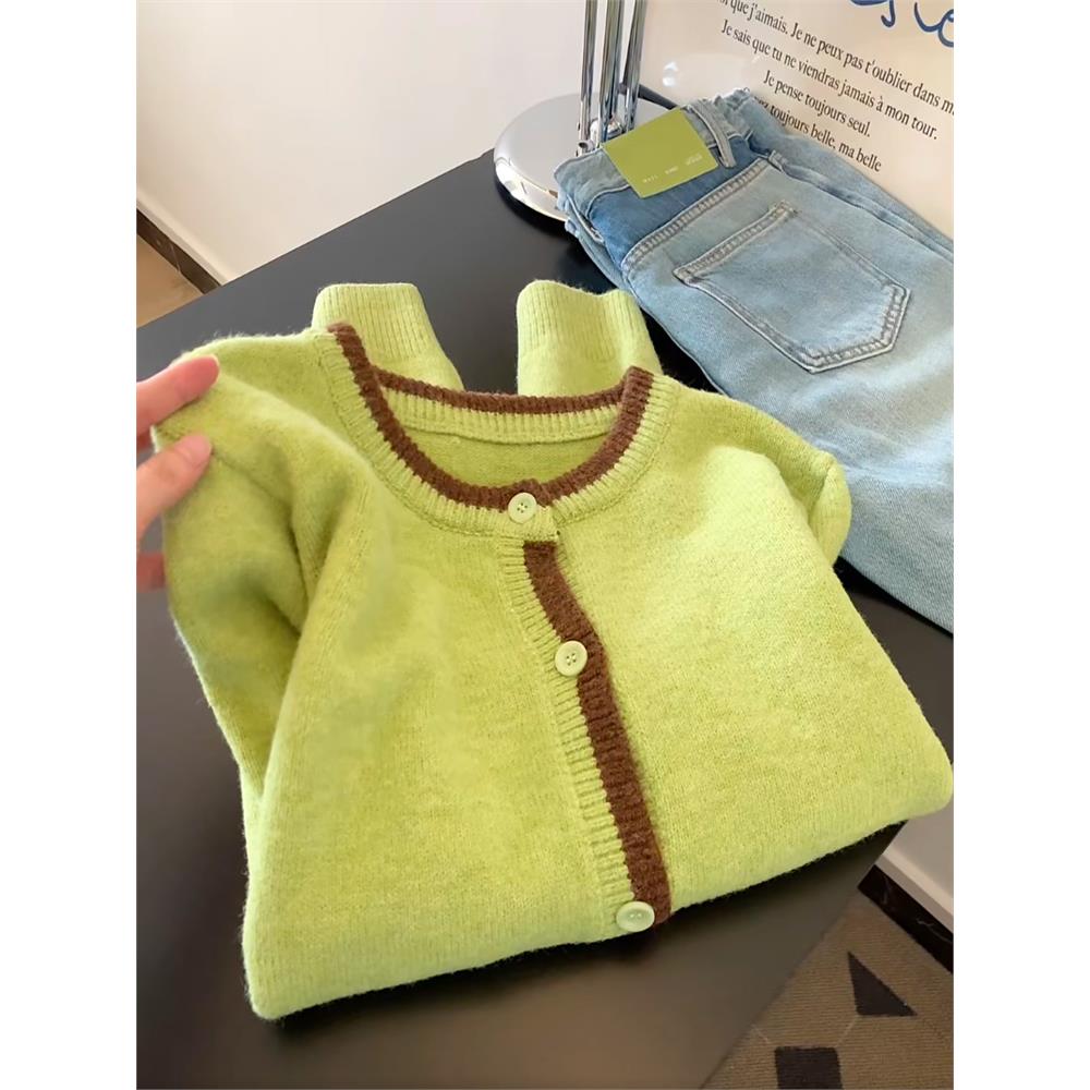 自留款推荐~多巴胺拼色柔软针织开衫女秋冬新款温柔简约气质毛衣