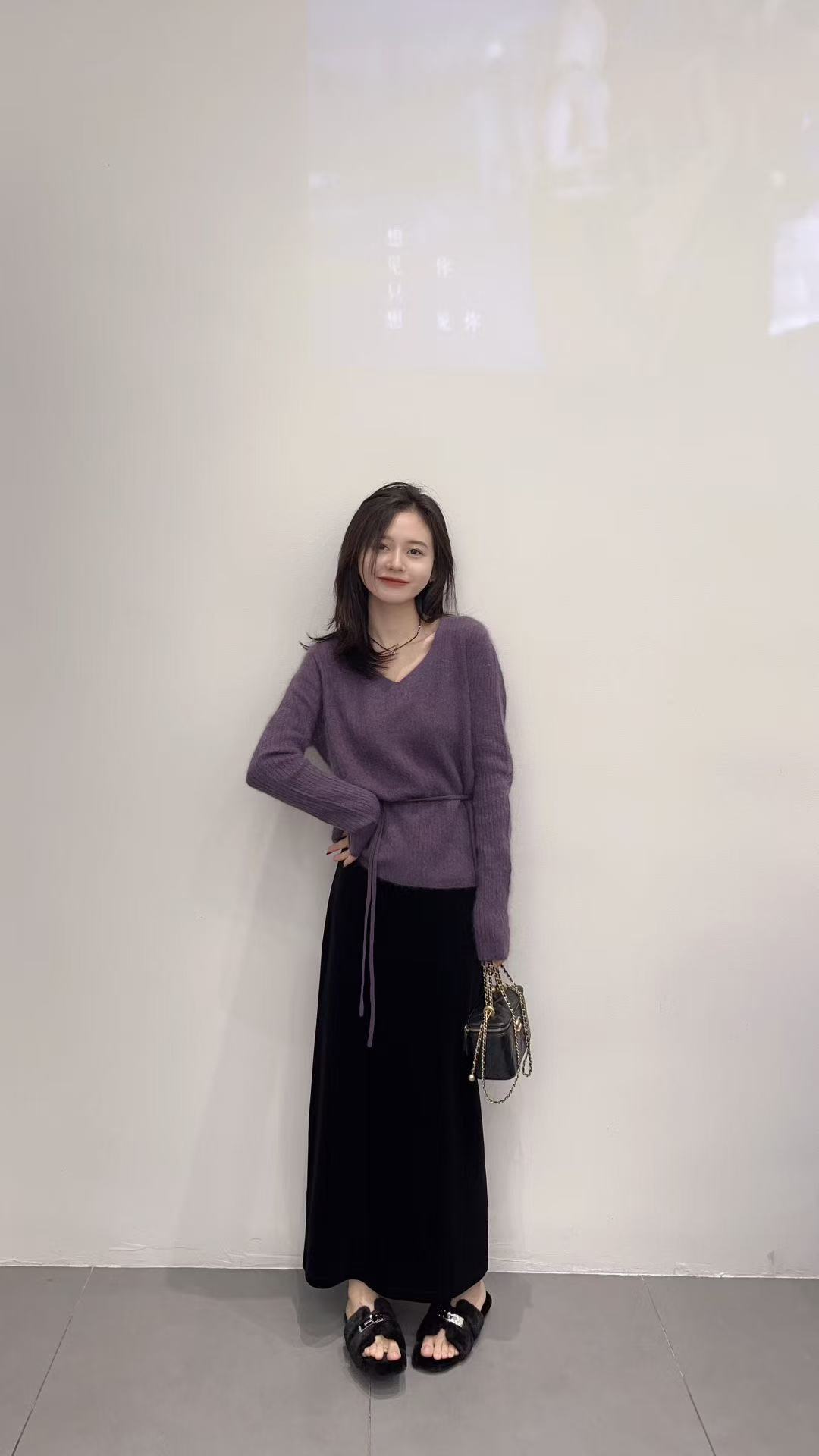 2025秋季新款韩系紫色长袖针织衫毛衣女慵懒风别致显瘦上衣半身裙