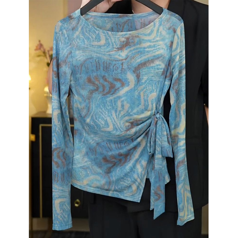 2025秋新款胖mm大码女装晕染不规则绑带防晒长袖显瘦T恤上衣8296