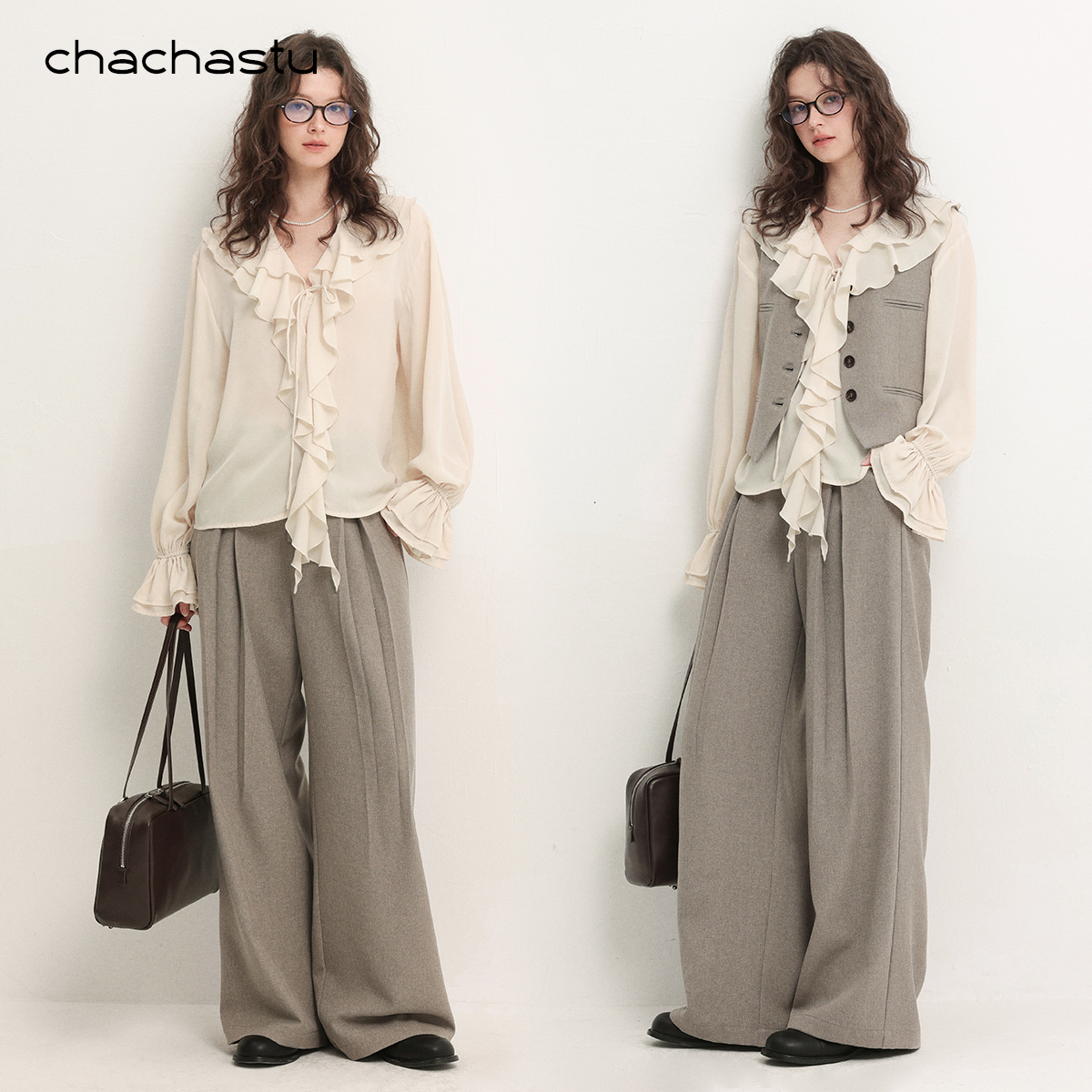 CHACHASTU【秋系】长期穿搭主义质感老钱风叠穿马甲西裤套装ZRS1841
