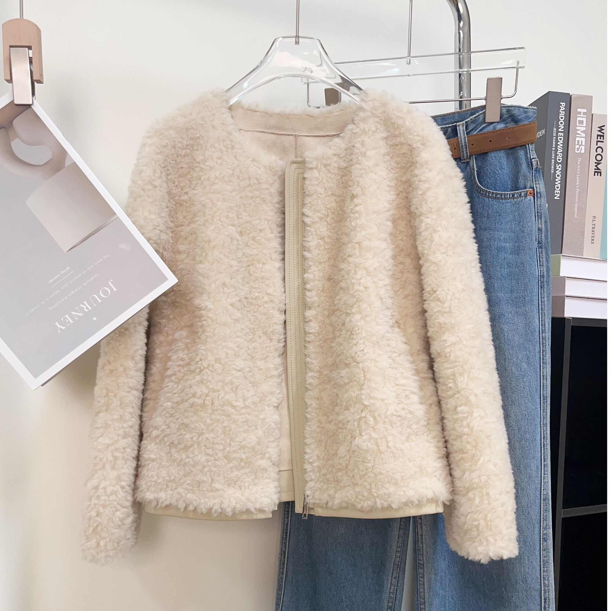 Y11羊剪绒100%绵羊毛外套圆领颗粒绒短款上衣2025冬款