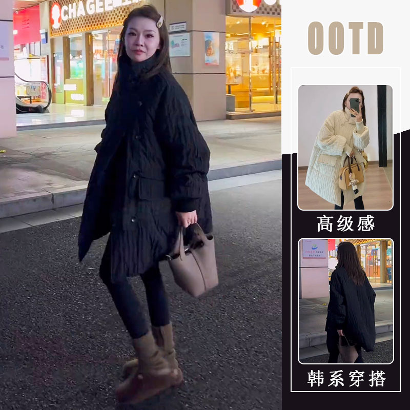 冬款韩版大衣赫本风褶皱肌理感立领休闲中长款时尚减龄棉服外套女