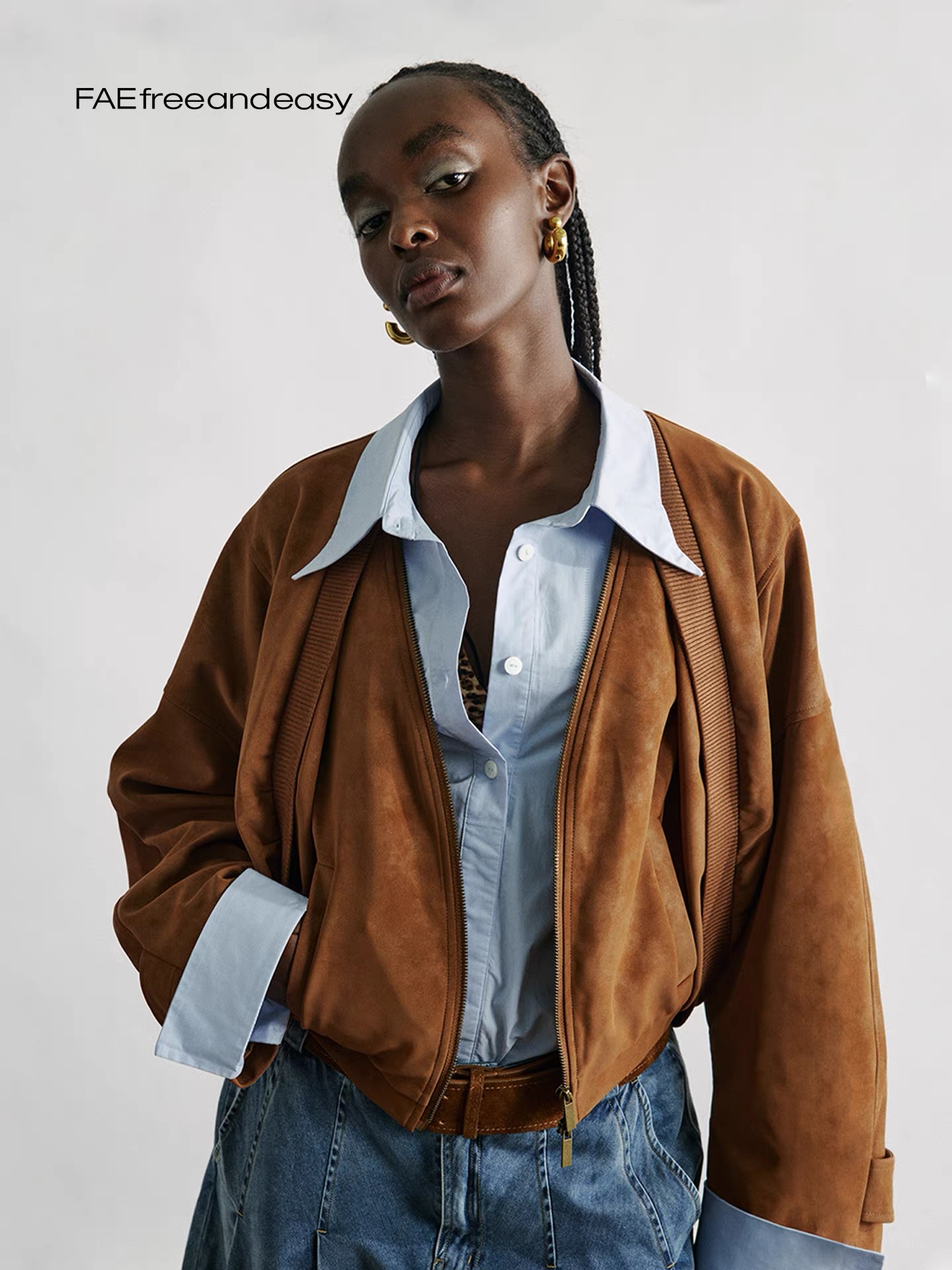 【FAE】丘暮瑶"雾茸假两件插兜短夹克美式复古廓形宽松男款外套秋冬