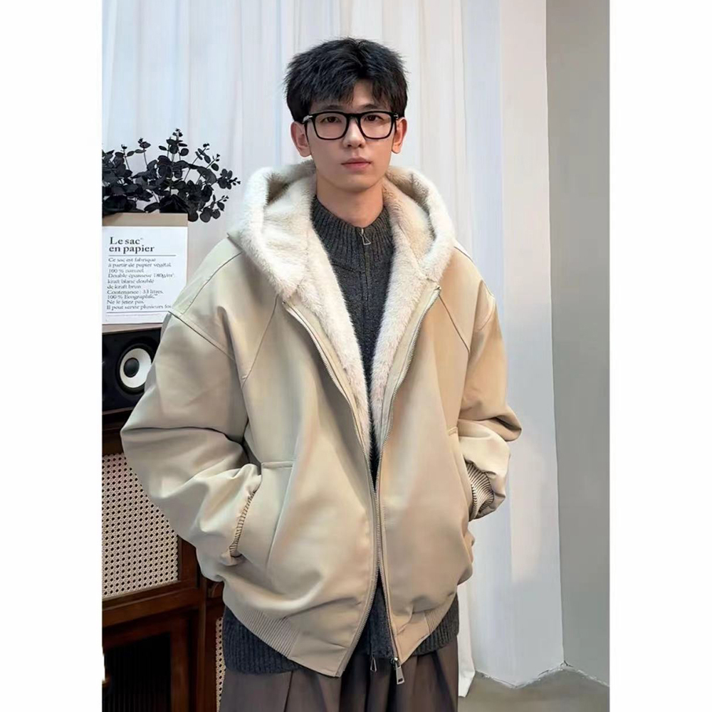 PU皮座山雕外套棉服男女款深秋初冬穿搭加绒加厚美式三防连帽棉衣