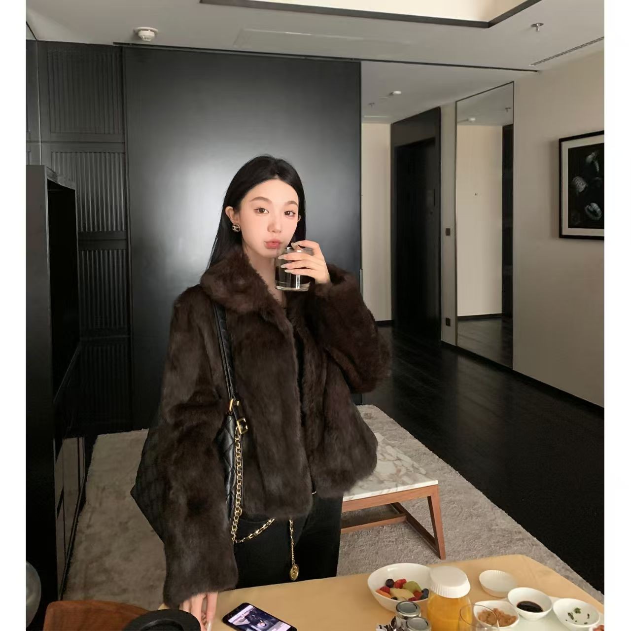 秋冬可穿整张兔毛减龄显瘦显高翻领立领小个子百搭毛毛短外套女款