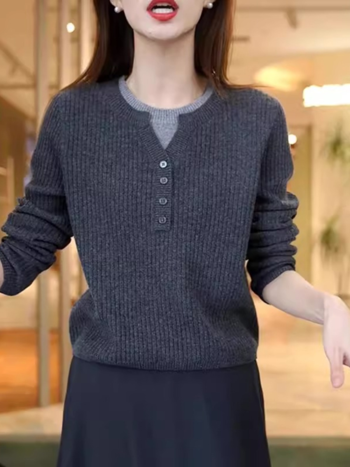 秋冬新款圆领假两件针织衫女修身显瘦时尚打底衫毛衣保暖加厚上衣