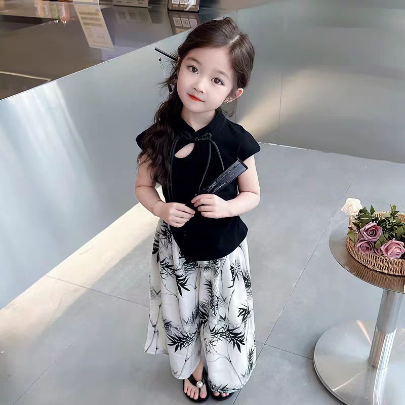 现货【墨竹】SC236女童夏季水墨风辣妹国风上衣短袖T阔腿裤套装