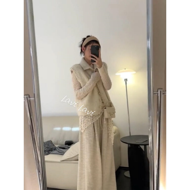 MARIE.COCO韩系温柔风羊羔毛马甲背心叠穿蕾丝衫上衣糯米裤三件套