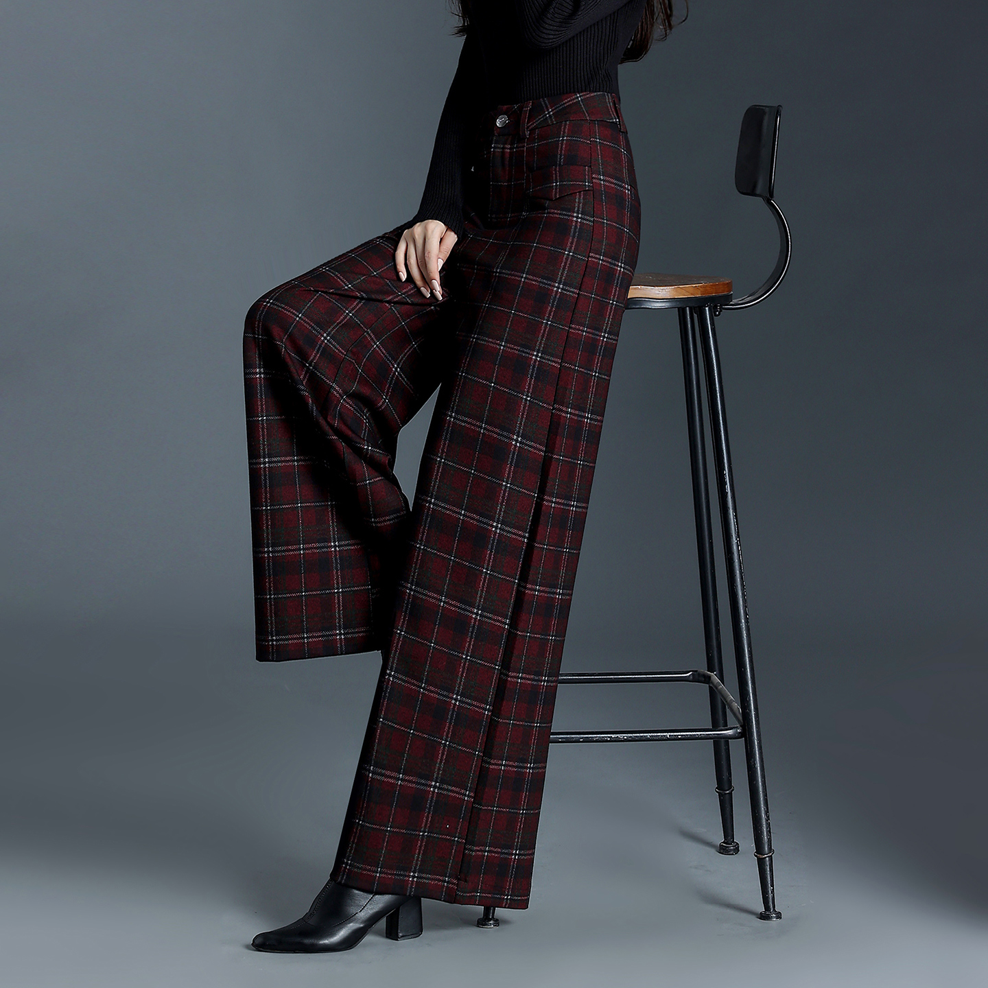 毛呢阔腿裤2025年秋冬新款格子裤复古休闲裤女宽松直筒裤垂感长裤