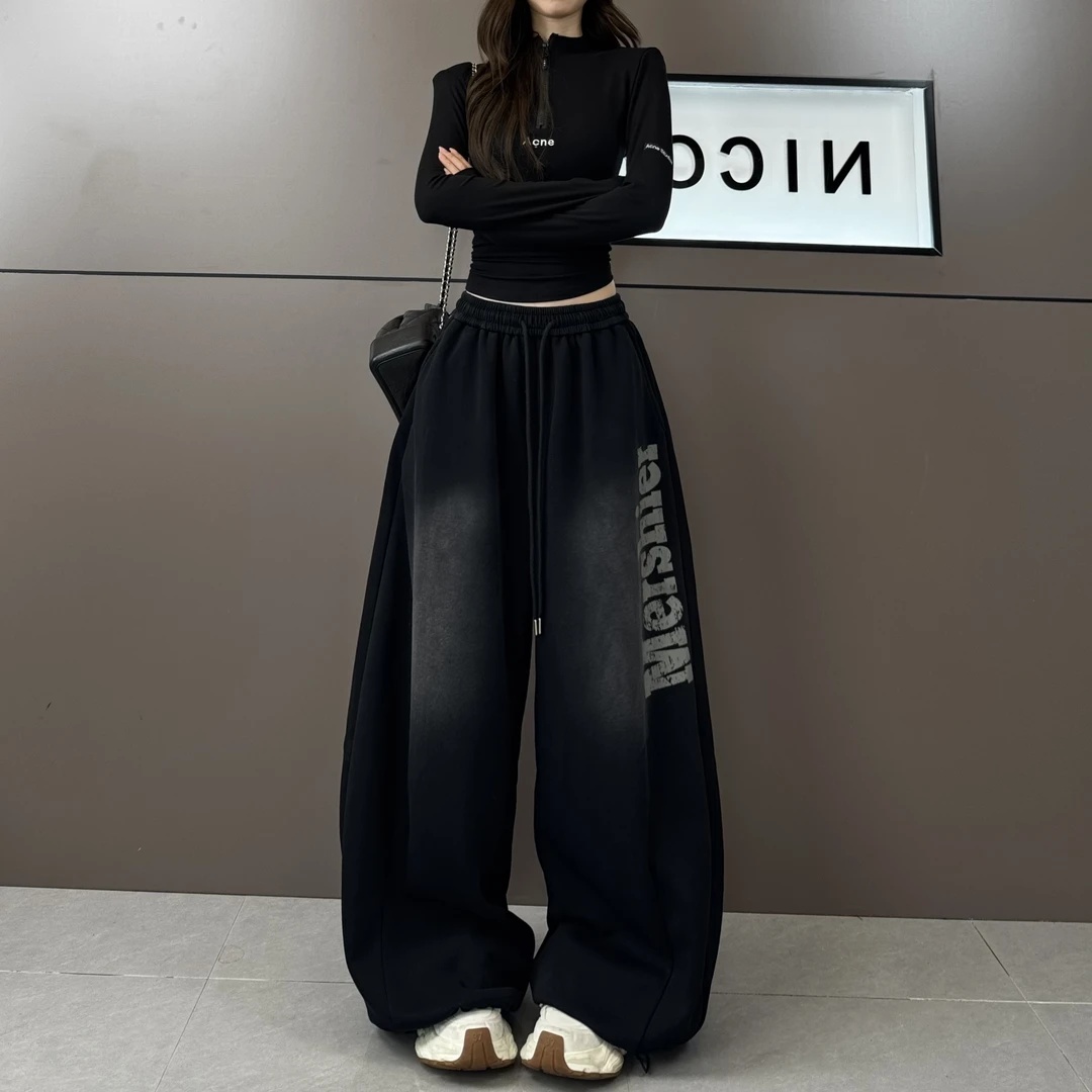 美式街头爵士舞运动裤女重工水洗印花宽松大板型阔腿两穿休闲卫裤