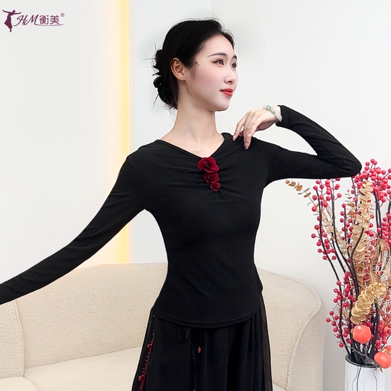 古典舞修身形体舞服立体玫瑰花后背开叉上衣女现代舞集训服装新款