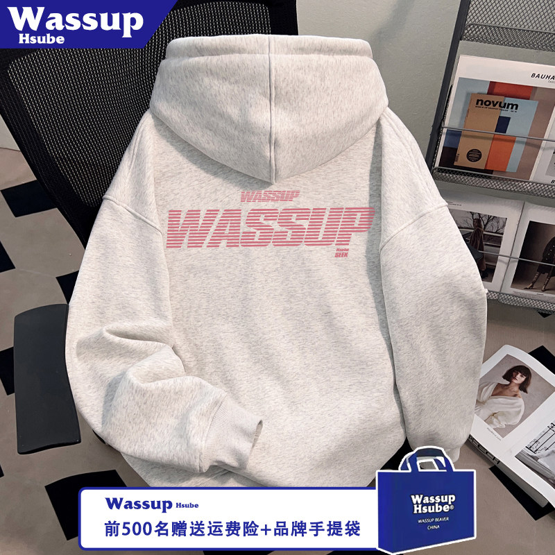 WASSUP HSUBE秋冬季慵懒潮流感白灰上衣创意英文印花男款连帽卫衣