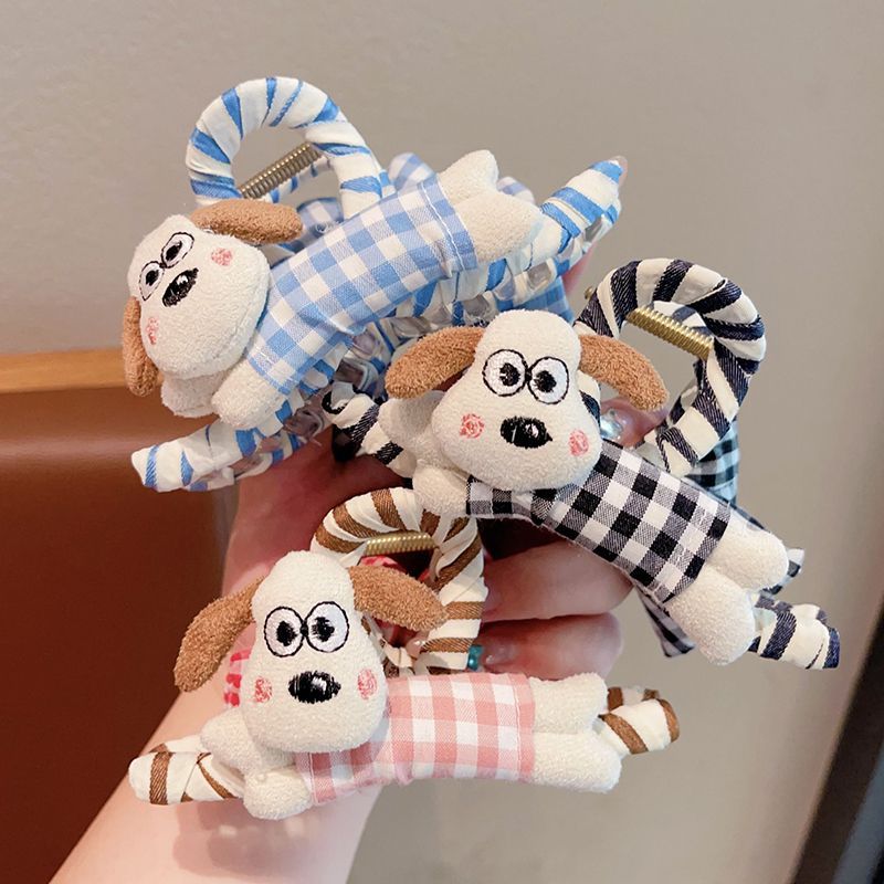 儿童可爱立体小狗抓夹蓝色格子蝴蝶结鲨鱼夹甜美女童后脑勺盘发夹