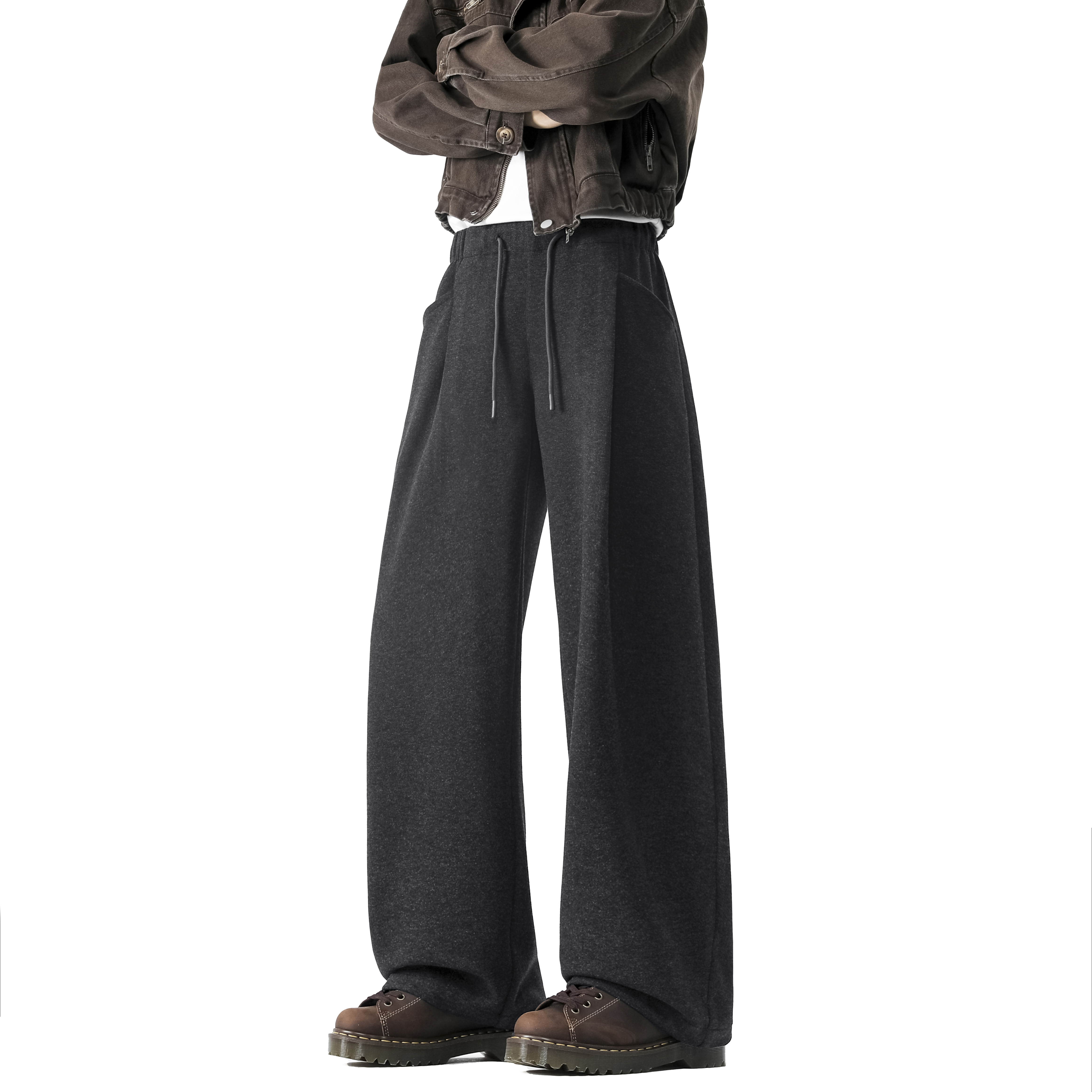 B-K-F450克重磅阔腿弯刀休闲仿羊毛卫裤时尚百搭纯色宽松直筒长裤